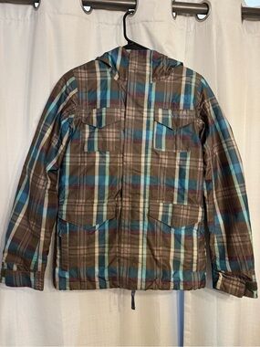 Burton Plaid Ski Snowboarding Winter Jacket in Brown & Blue